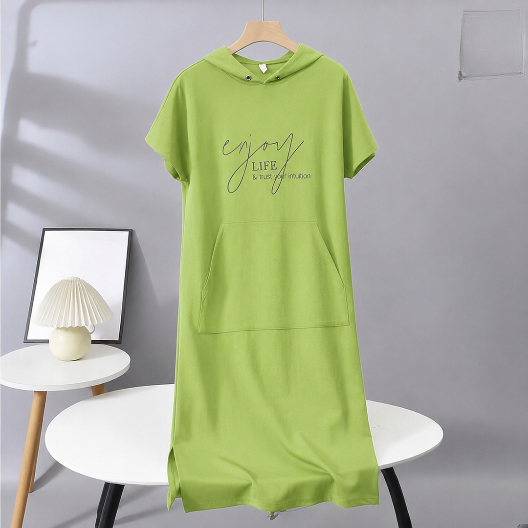 Solid Short-Sleeve Hooded Long Dress