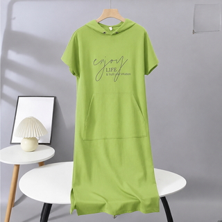 Solid Short-Sleeve Hooded Long Dress