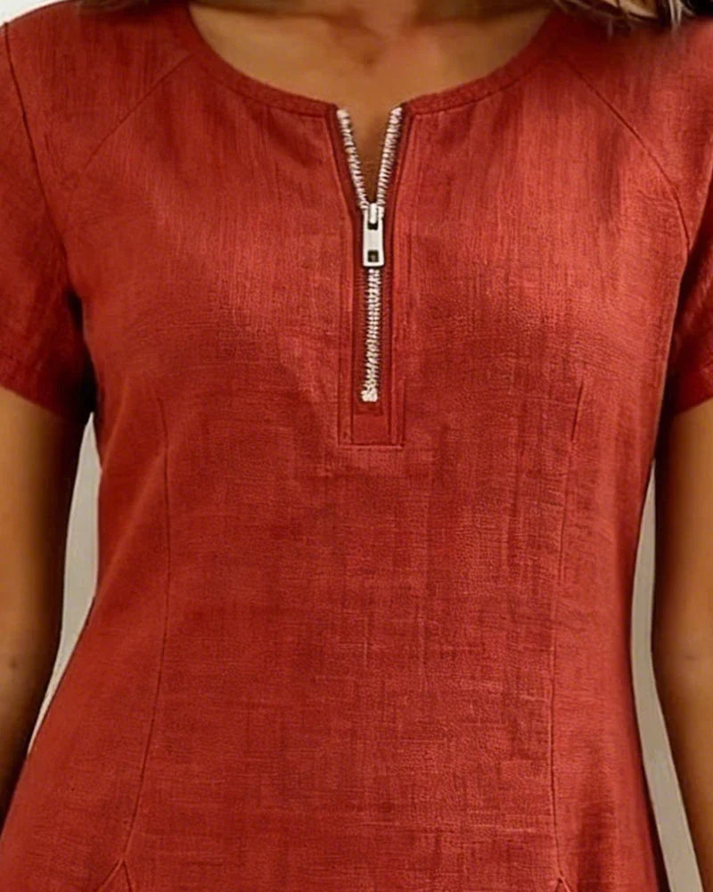 Zipper Pocket Cotton Linen Dress