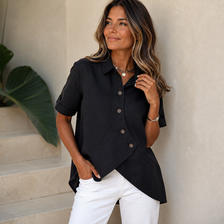 Amélie™ | Asymmetrical Linen-Blend Button Blouse