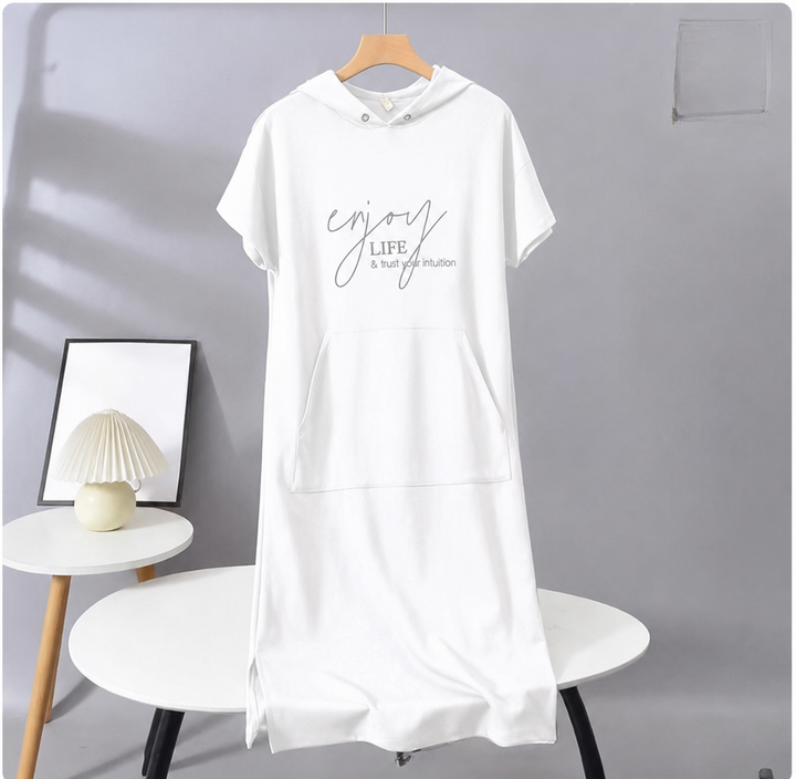 Solid Short-Sleeve Hooded Long Dress