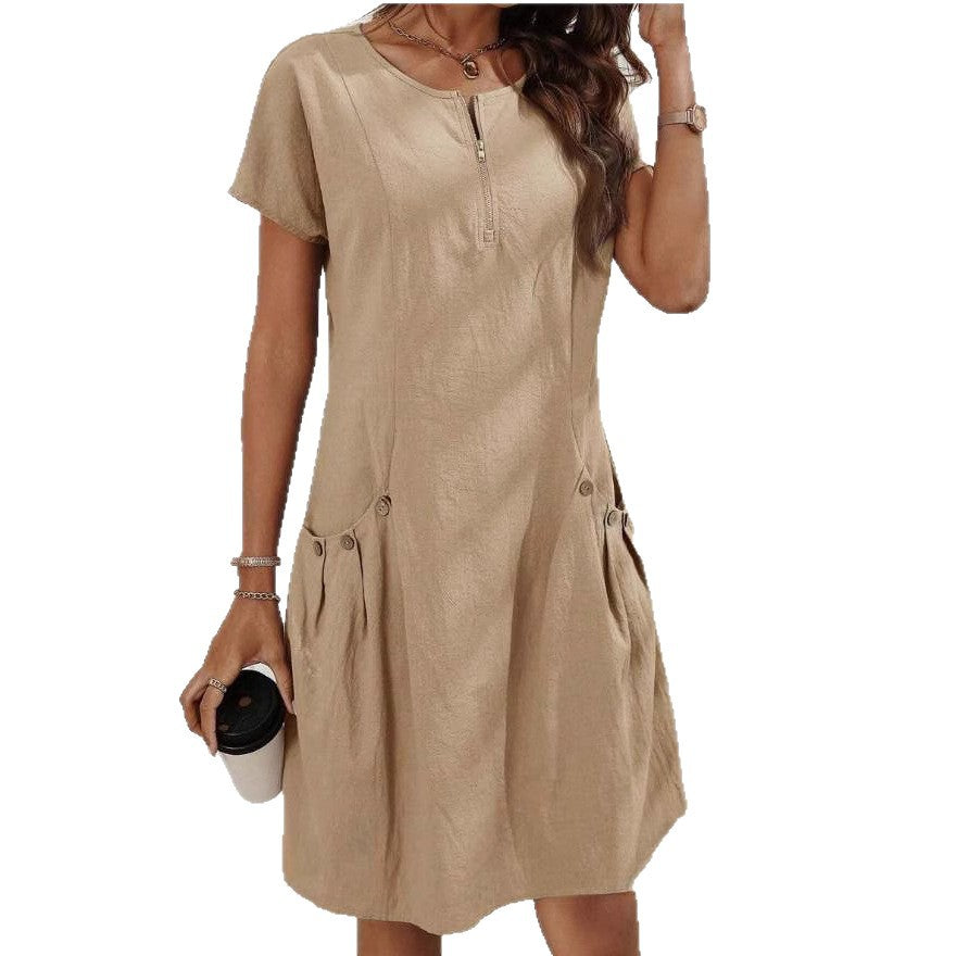 Zipper Pocket Cotton Linen Dress