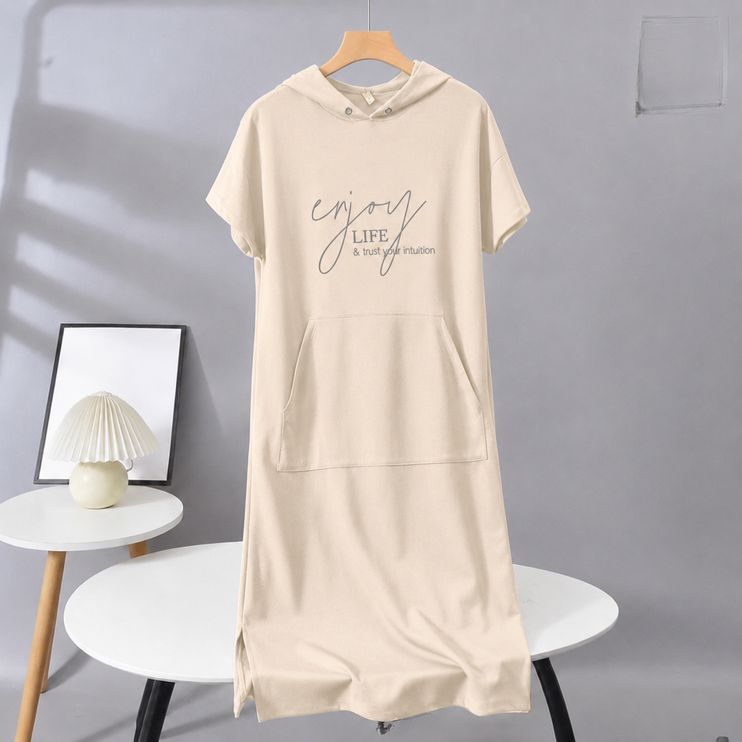 Solid Short-Sleeve Hooded Long Dress