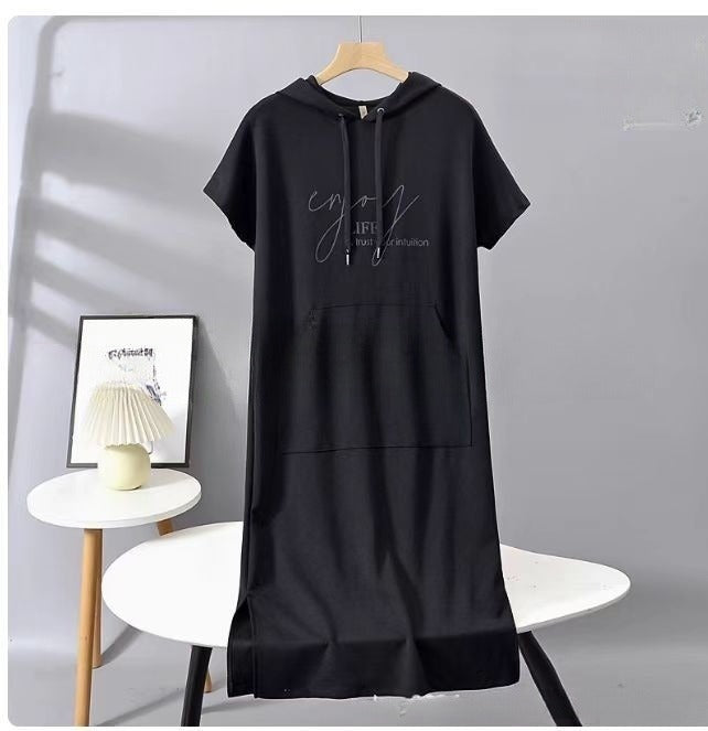 Solid Short-Sleeve Hooded Long Dress