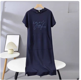 Solid Short-Sleeve Hooded Long Dress