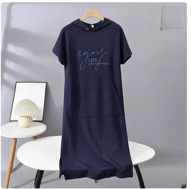 Solid Short-Sleeve Hooded Long Dress