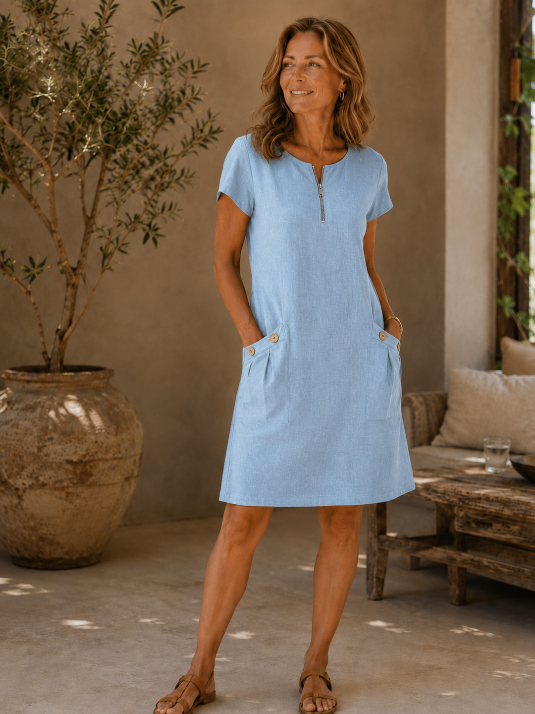 Zipper Pocket Cotton Linen Dress