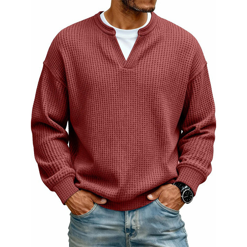Owen Layered Waffle Knit Long Sleeve Tee in Dark Red